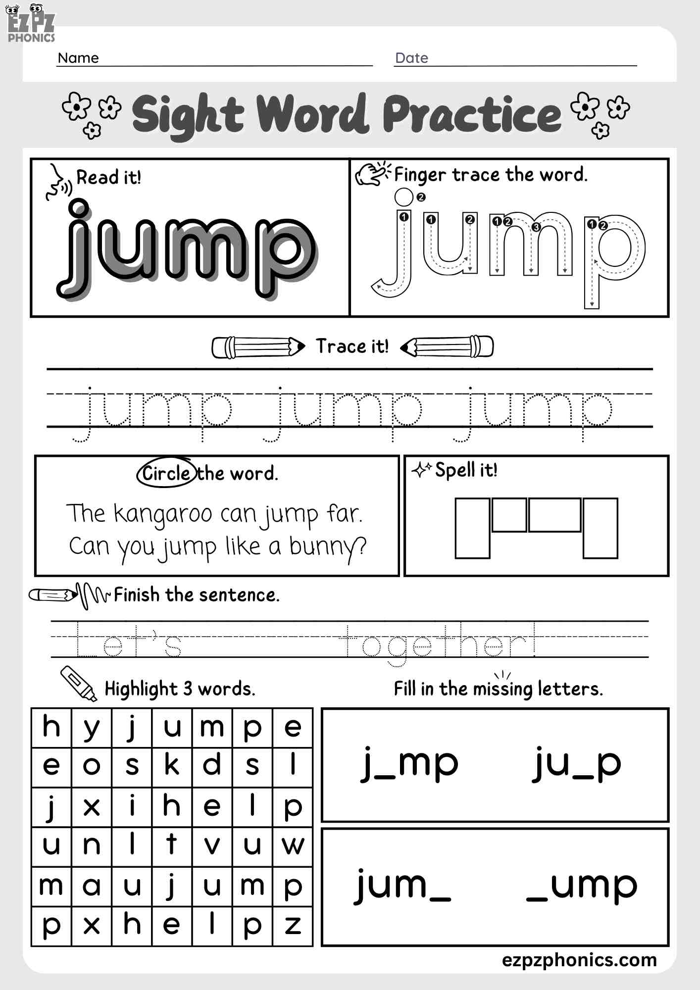 The Word "Jump" Dolch Sight Word Worksheet Activity for Pre-Kindergarten and Kindergarten Students PDF Download